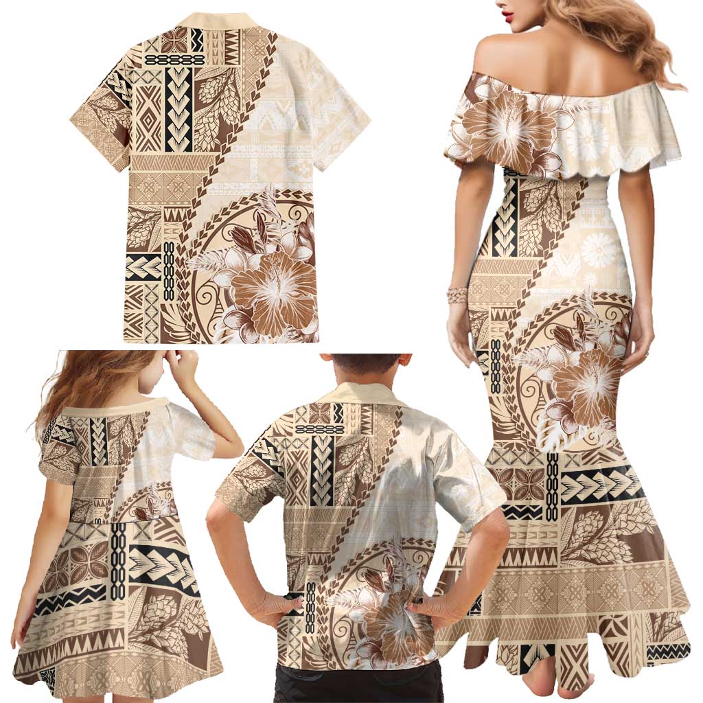 Samoa Siapo Elegant Family Matching Mermaid Dress and Hawaiian Shirt Hibiscus Beige Motifs LT05 - Polynesian Pride