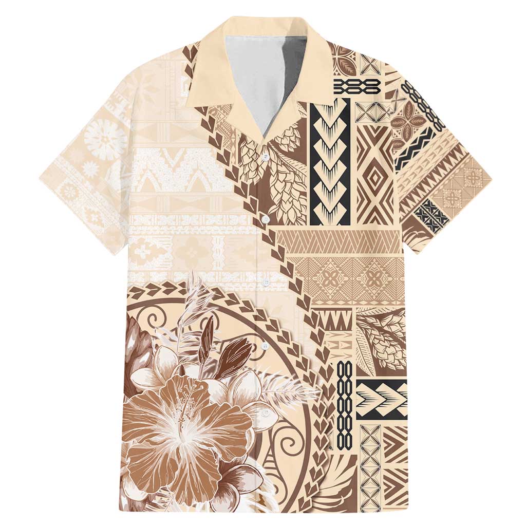 Samoa Siapo Elegant Family Matching Mermaid Dress and Hawaiian Shirt Hibiscus Beige Motifs LT05 Dad's Shirt - Short Sleeve Beige - Polynesian Pride