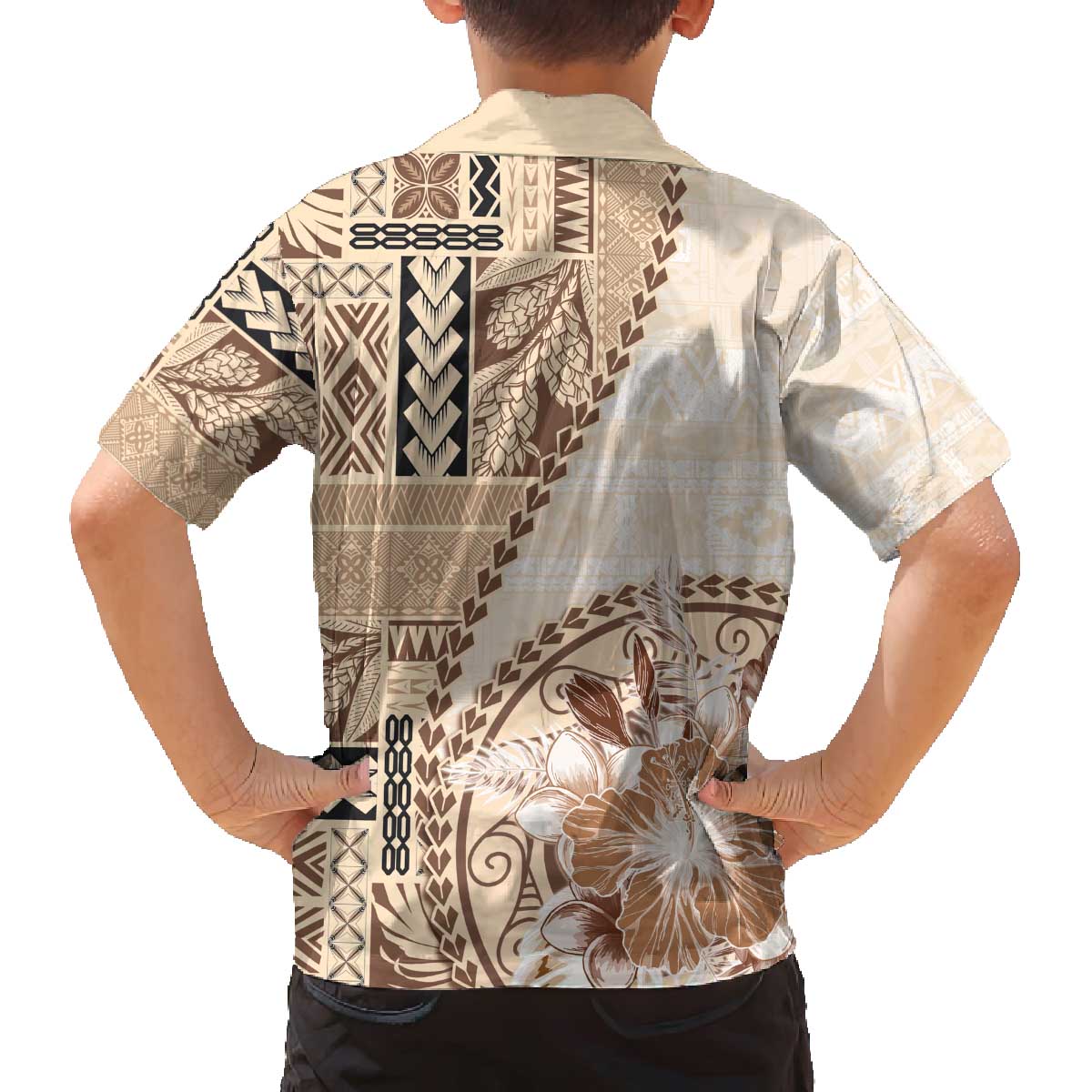 Samoa Siapo Elegant Family Matching Off The Shoulder Long Sleeve Dress and Hawaiian Shirt Hibiscus Beige Motifs LT05 - Polynesian Pride
