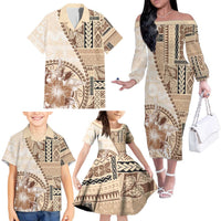 Samoa Siapo Elegant Family Matching Off The Shoulder Long Sleeve Dress and Hawaiian Shirt Hibiscus Beige Motifs LT05 - Polynesian Pride