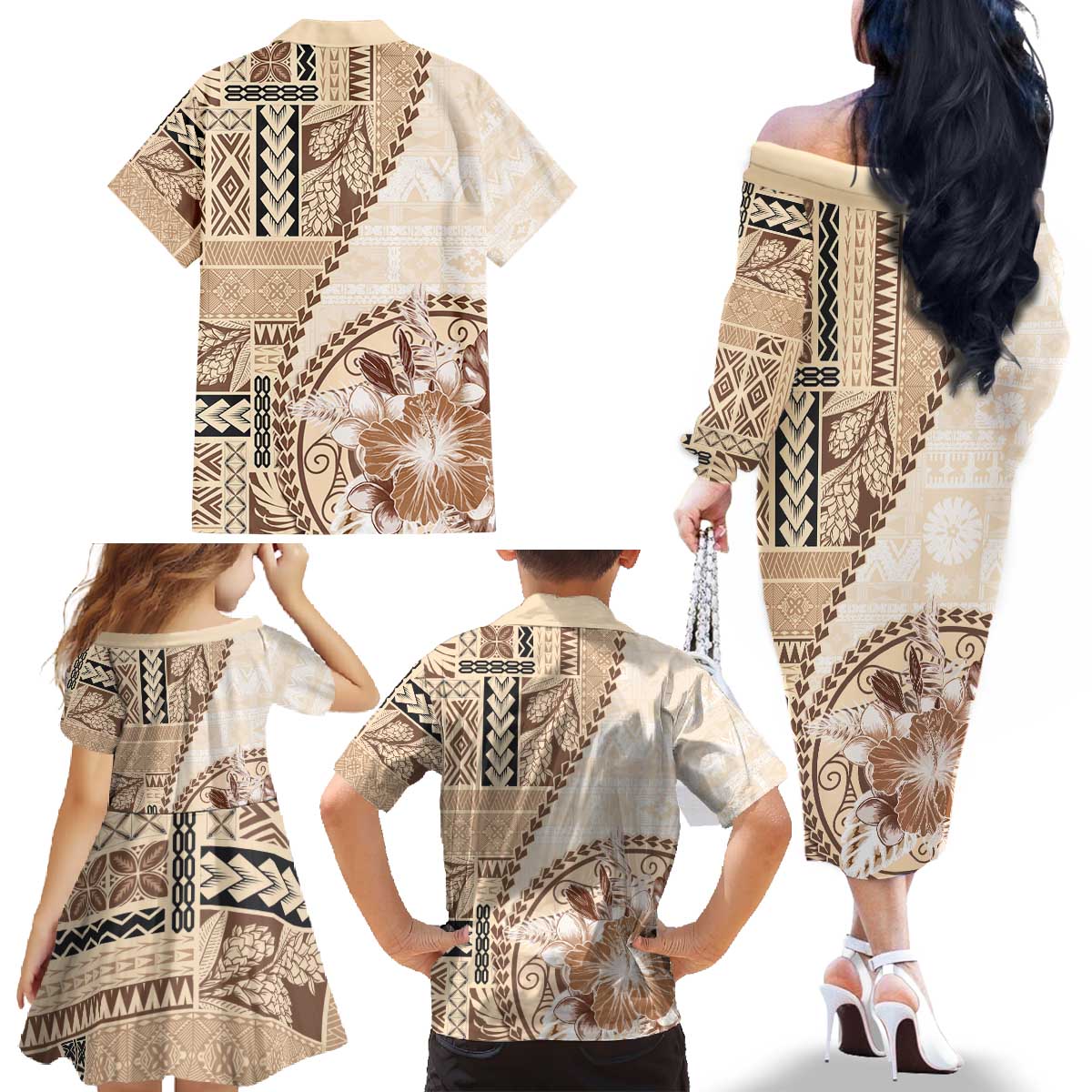 Samoa Siapo Elegant Family Matching Off The Shoulder Long Sleeve Dress and Hawaiian Shirt Hibiscus Beige Motifs LT05 - Polynesian Pride