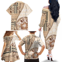 Samoa Siapo Elegant Family Matching Off The Shoulder Long Sleeve Dress and Hawaiian Shirt Hibiscus Beige Motifs LT05 - Polynesian Pride