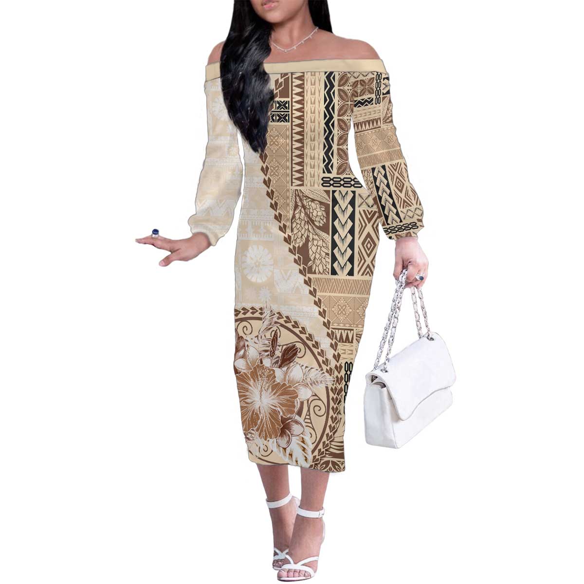 Samoa Siapo Elegant Family Matching Off The Shoulder Long Sleeve Dress and Hawaiian Shirt Hibiscus Beige Motifs LT05 Mom's Dress Beige - Polynesian Pride