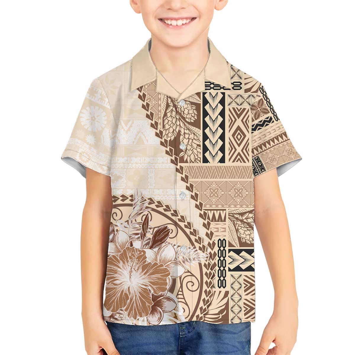 Samoa Siapo Elegant Family Matching Off The Shoulder Long Sleeve Dress and Hawaiian Shirt Hibiscus Beige Motifs LT05 Son's Shirt Beige - Polynesian Pride