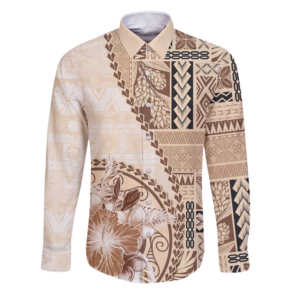 Samoa Siapo Elegant Family Matching Off Shoulder Maxi Dress and Hawaiian Shirt Hibiscus Beige Motifs - Polynesian Pride