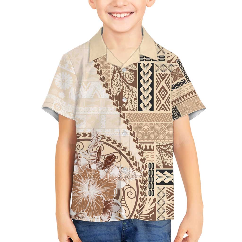 Samoa Siapo Elegant Family Matching Off Shoulder Maxi Dress and Hawaiian Shirt Hibiscus Beige Motifs - Polynesian Pride