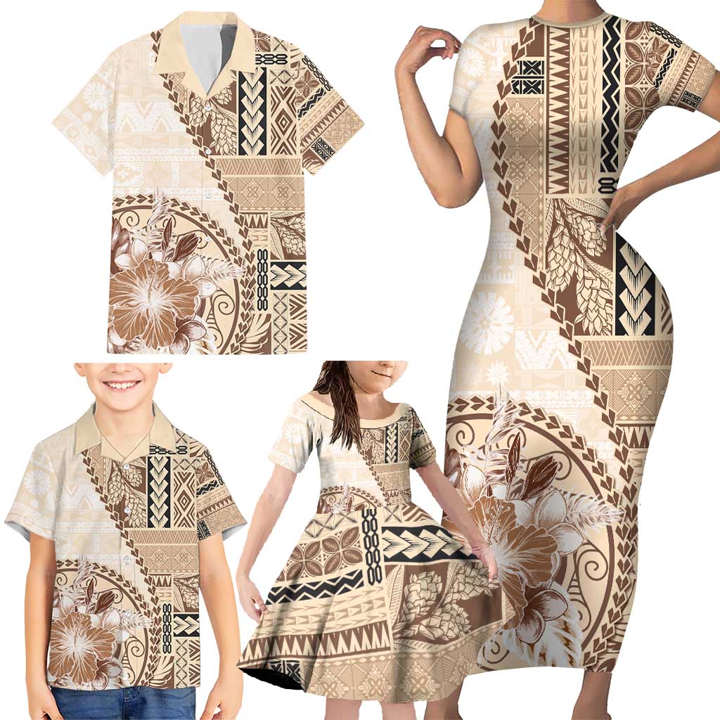 Samoa Siapo Elegant Family Matching Short Sleeve Bodycon Dress and Hawaiian Shirt Hibiscus Beige Motifs LT05 - Polynesian Pride
