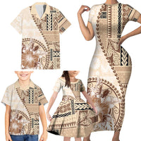 Samoa Siapo Elegant Family Matching Short Sleeve Bodycon Dress and Hawaiian Shirt Hibiscus Beige Motifs LT05 - Polynesian Pride