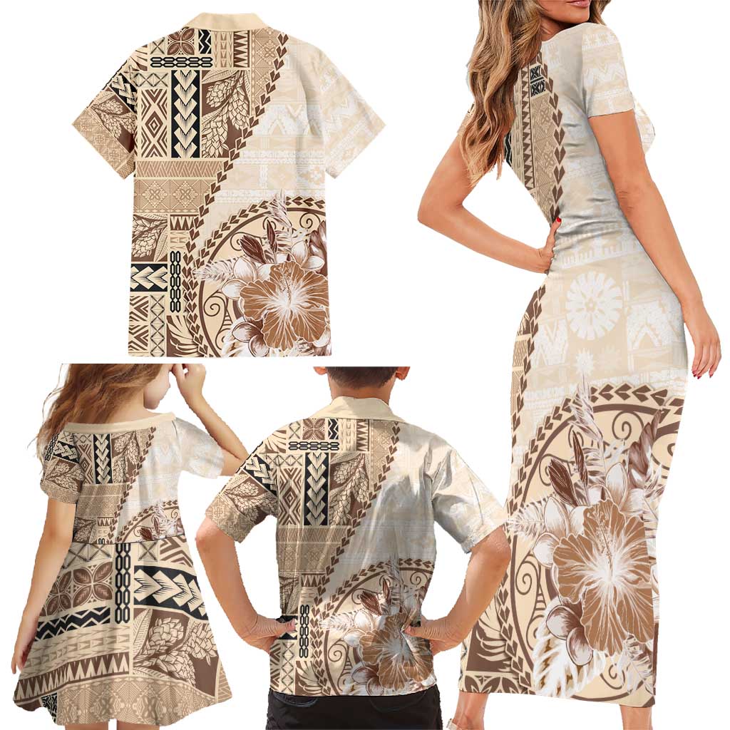 Samoa Siapo Elegant Family Matching Short Sleeve Bodycon Dress and Hawaiian Shirt Hibiscus Beige Motifs LT05 - Polynesian Pride