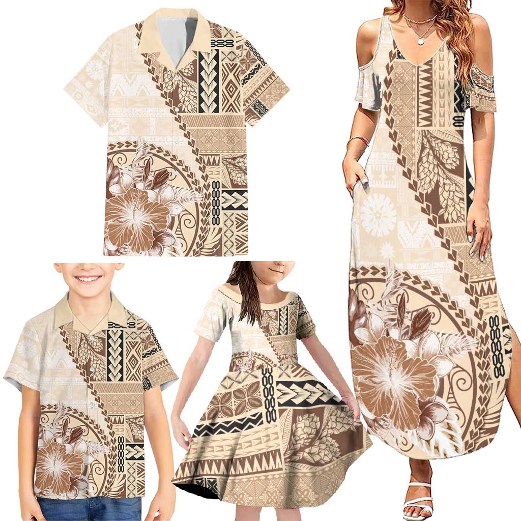 Samoa Siapo Elegant Family Matching Summer Maxi Dress and Hawaiian Shirt Hibiscus Beige Motifs - Polynesian Pride