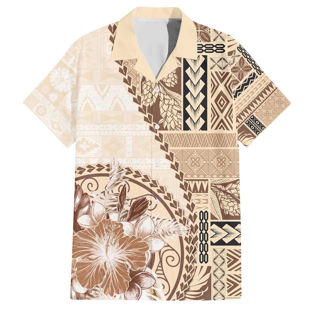 Samoa Siapo Elegant Hawaiian Shirt Hibiscus Beige Motifs - Polynesian Pride