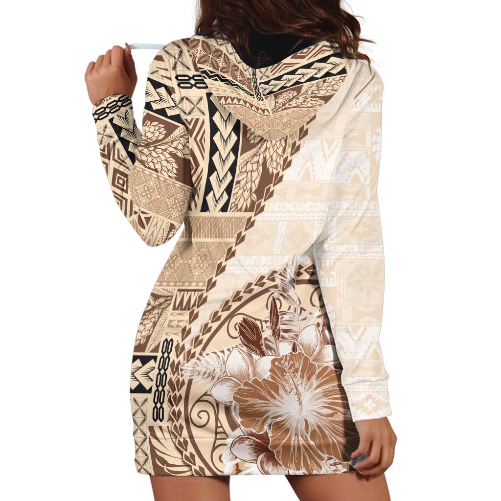 Samoa Siapo Elegant Hoodie Dress Hibiscus Beige Motifs - Polynesian Pride