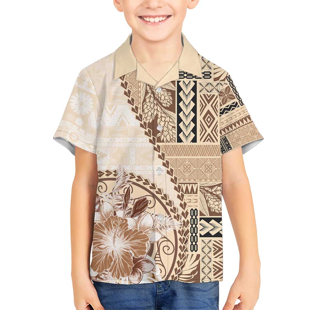 Samoa Siapo Elegant Kid Hawaiian Shirt Hibiscus Beige Motifs - Polynesian Pride