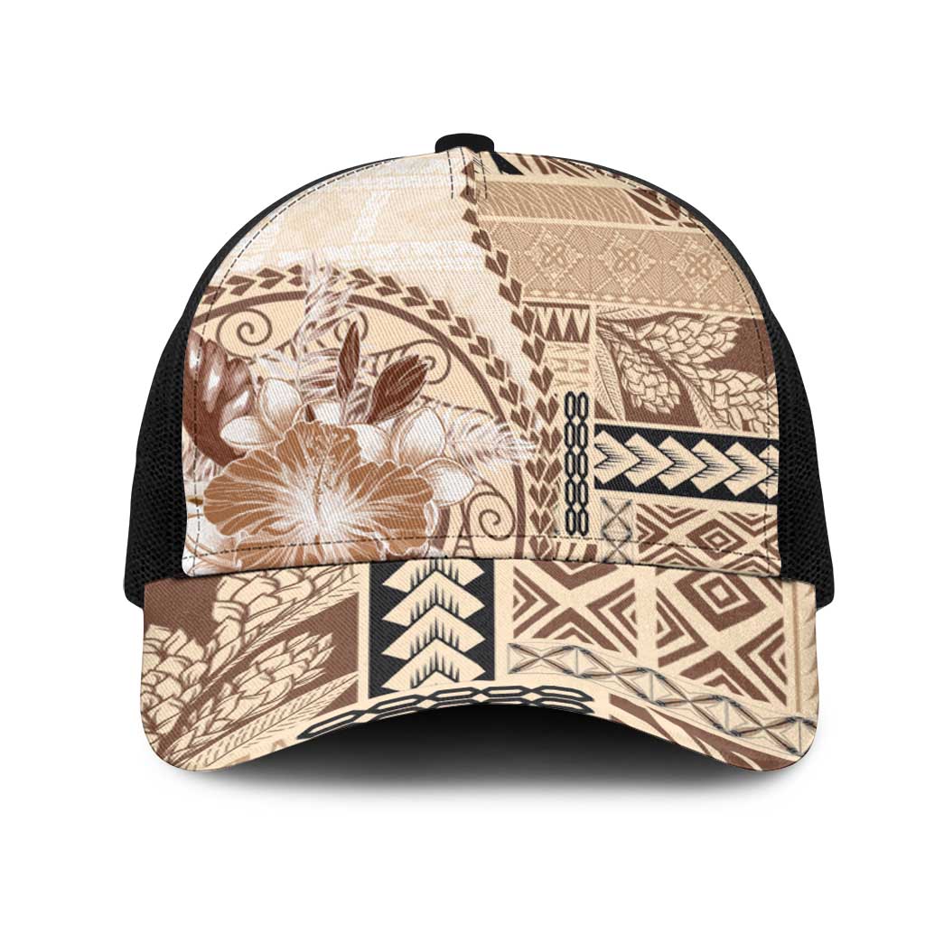 Samoa Siapo Elegant Mesh Trucker Cap Hibiscus Beige Motifs - Polynesian Pride
