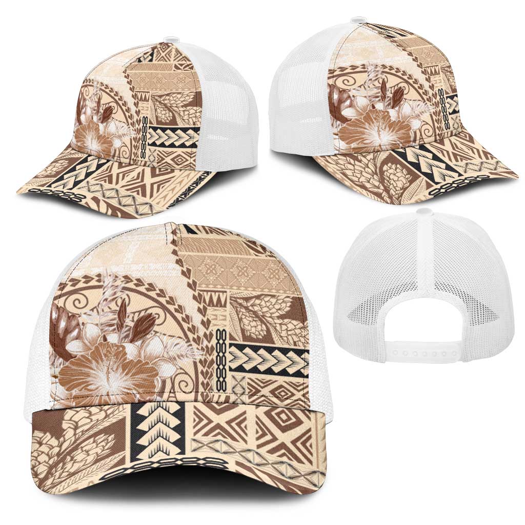 Samoa Siapo Elegant Mesh Trucker Cap Hibiscus Beige Motifs - Polynesian Pride