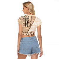 Samoa Siapo Elegant Raglan Cropped T Shirt Hibiscus Beige Motifs - Polynesian Pride