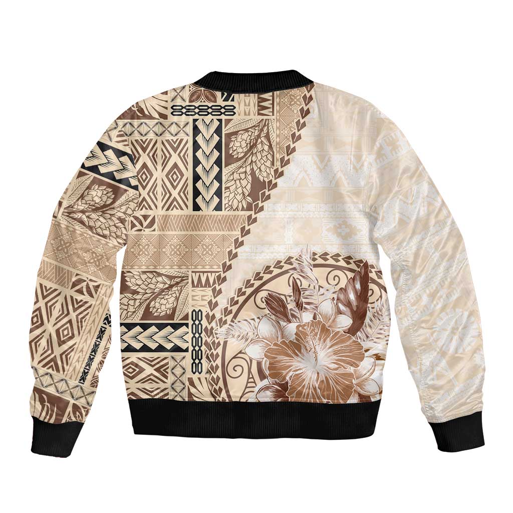 Samoa Siapo Elegant Sleeve Zip Bomber Jacket Hibiscus Beige Motifs - Polynesian Pride