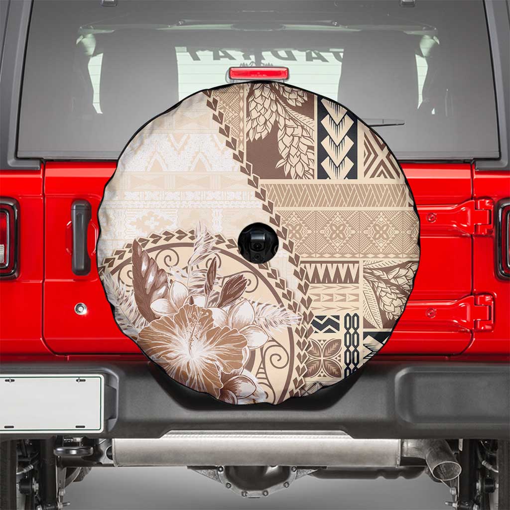Samoa Siapo Elegant Spare Tire Cover Hibiscus Beige Motifs - Polynesian Pride