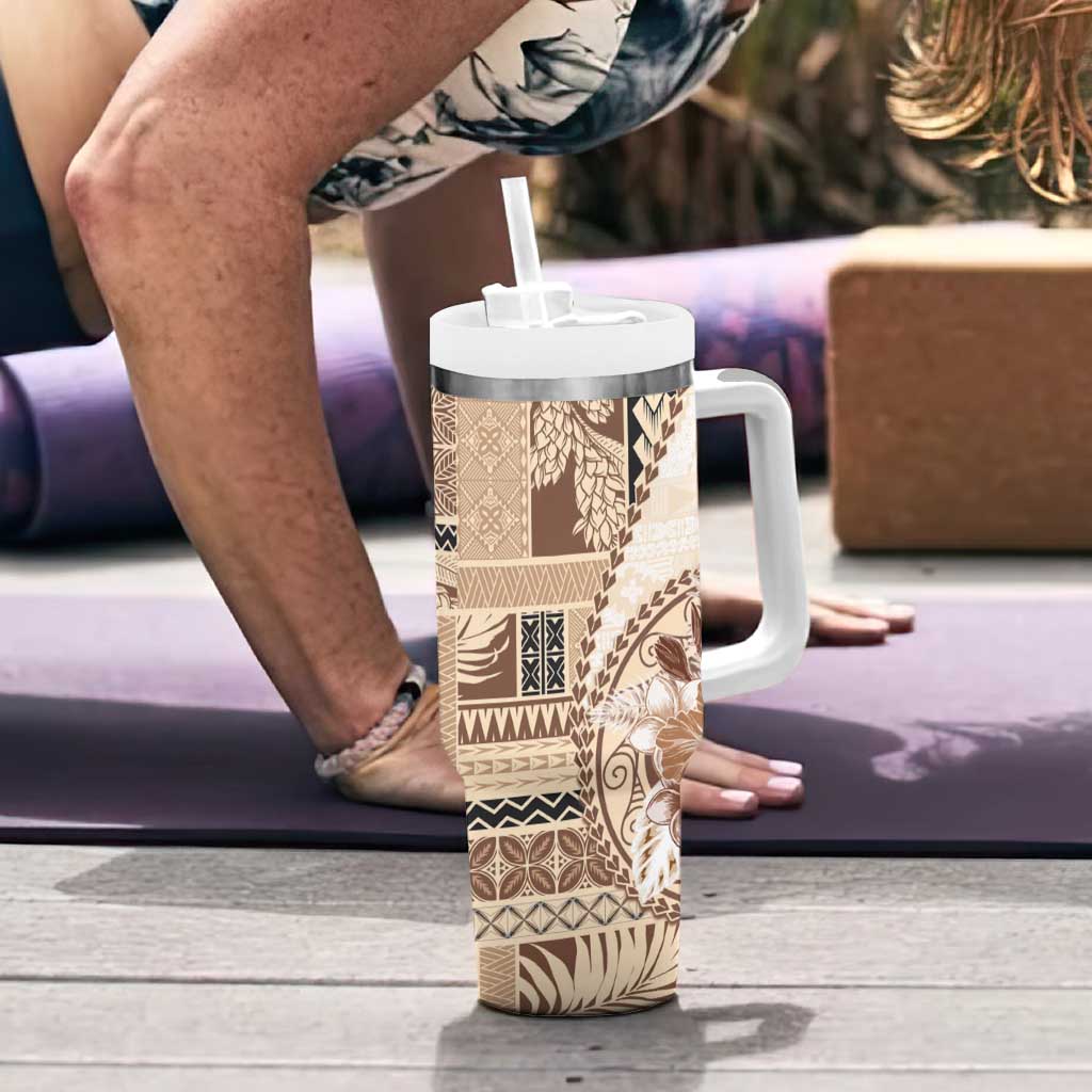 Samoa Siapo Elegant Tumbler With Handle Hibiscus Beige Motifs - Polynesian Pride