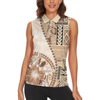 Samoa Siapo Elegant Women Sleeveless Polo Shirt Hibiscus Beige Motifs - Polynesian Pride