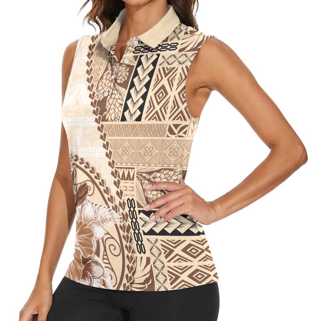 Samoa Siapo Elegant Women Sleeveless Polo Shirt Hibiscus Beige Motifs - Polynesian Pride