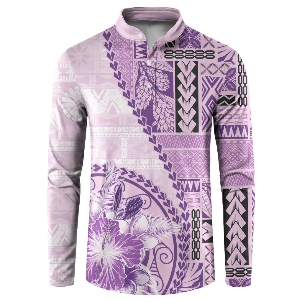 Samoa Siapo Elegant Button Sweatshirt Hibiscus Violet Motifs - Polynesian Pride