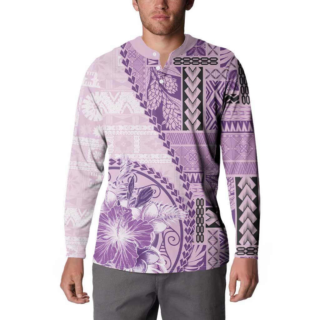 Samoa Siapo Elegant Button Sweatshirt Hibiscus Violet Motifs - Polynesian Pride