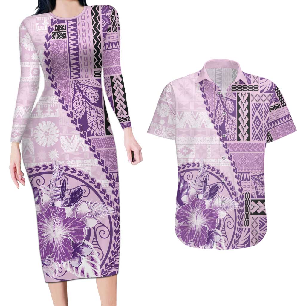 Samoa Siapo Elegant Couples Matching Long Sleeve Bodycon Dress and Hawaiian Shirt Hibiscus Violet Motifs - Polynesian Pride
