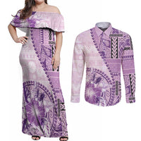 Samoa Siapo Elegant Couples Matching Off Shoulder Maxi Dress and Long Sleeve Button Shirt Hibiscus Violet Motifs - Polynesian Pride