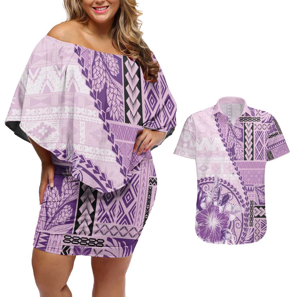 Samoa Siapo Elegant Couples Matching Off Shoulder Short Dress and Hawaiian Shirt Hibiscus Violet Motifs - Polynesian Pride