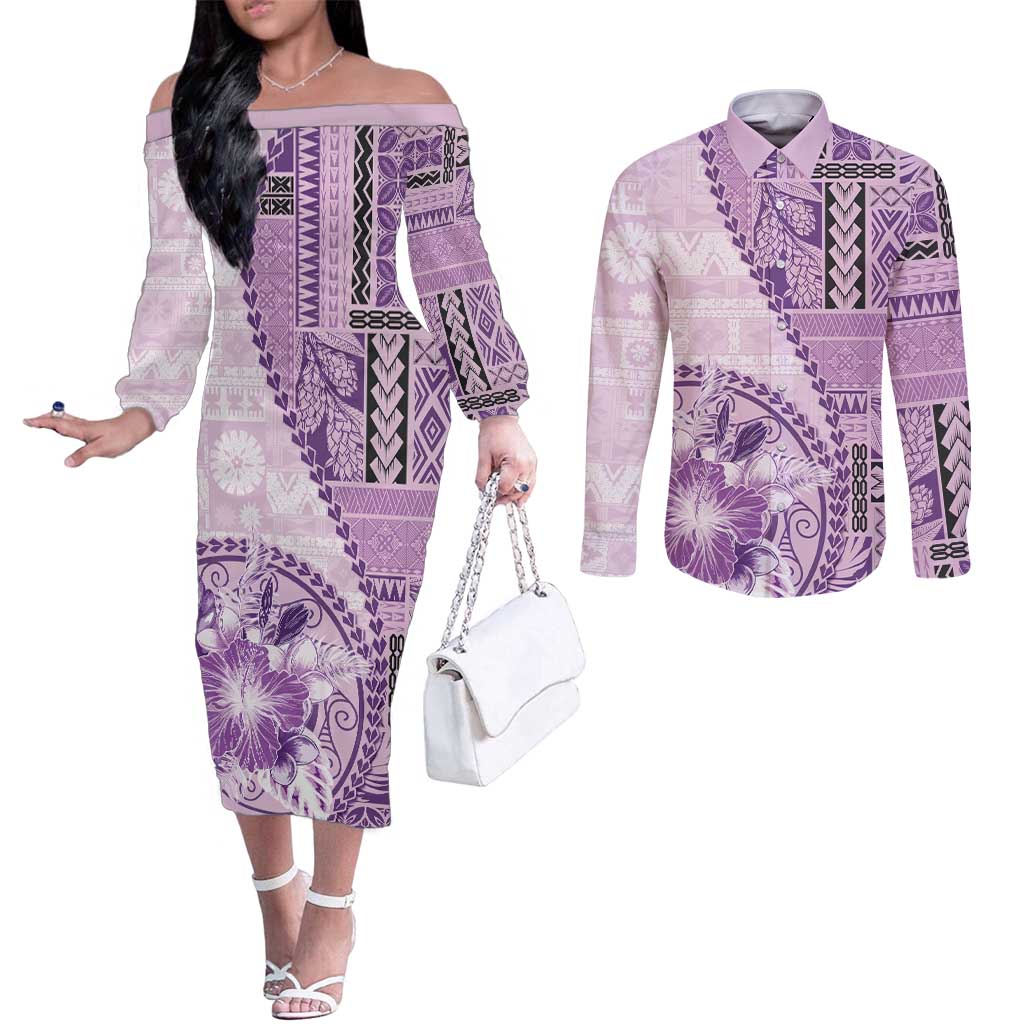 Samoa Siapo Elegant Couples Matching Off The Shoulder Long Sleeve Dress and Long Sleeve Button Shirt Hibiscus Violet Motifs - Polynesian Pride