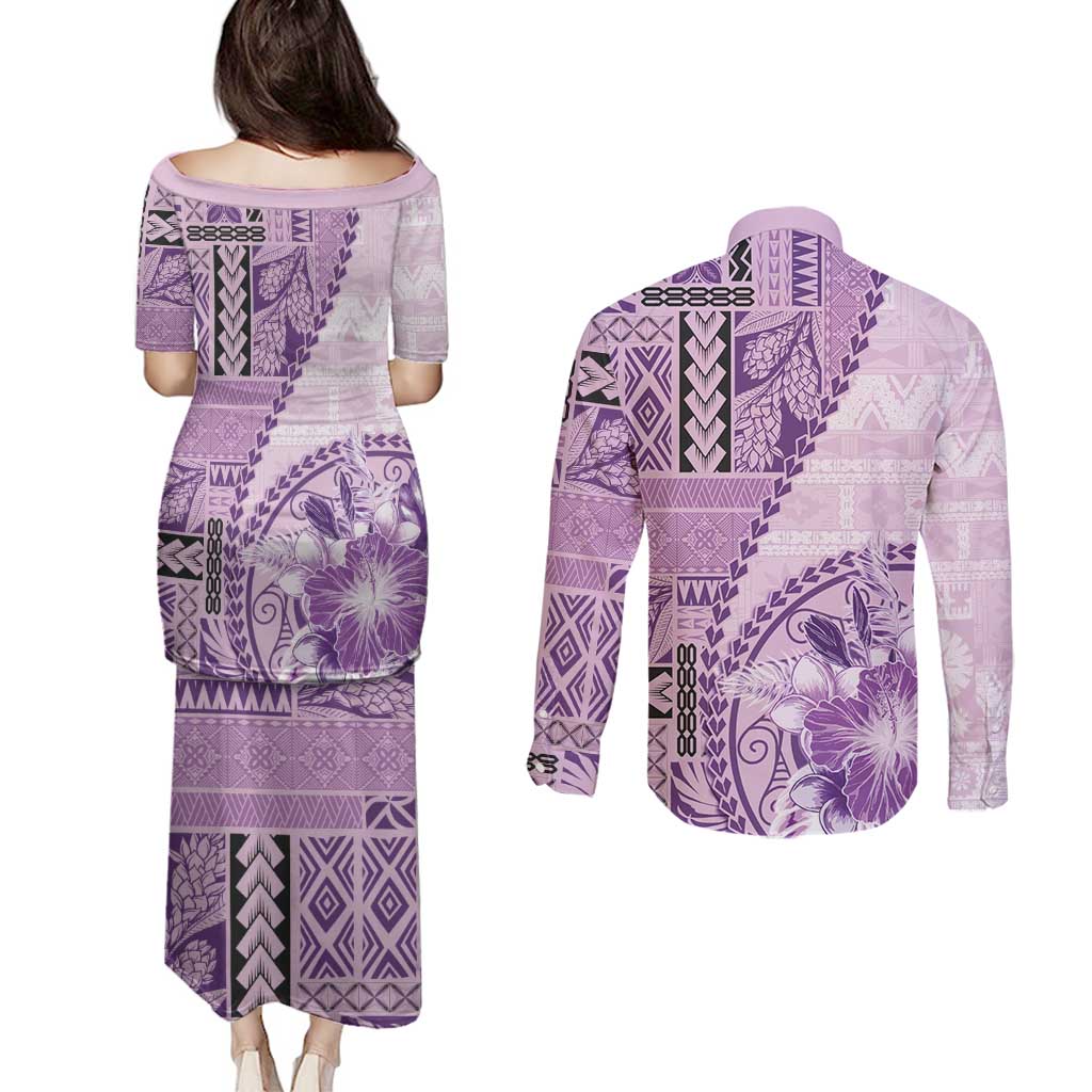Samoa Siapo Elegant Couples Matching Puletasi and Long Sleeve Button Shirt Hibiscus Violet Motifs - Polynesian Pride