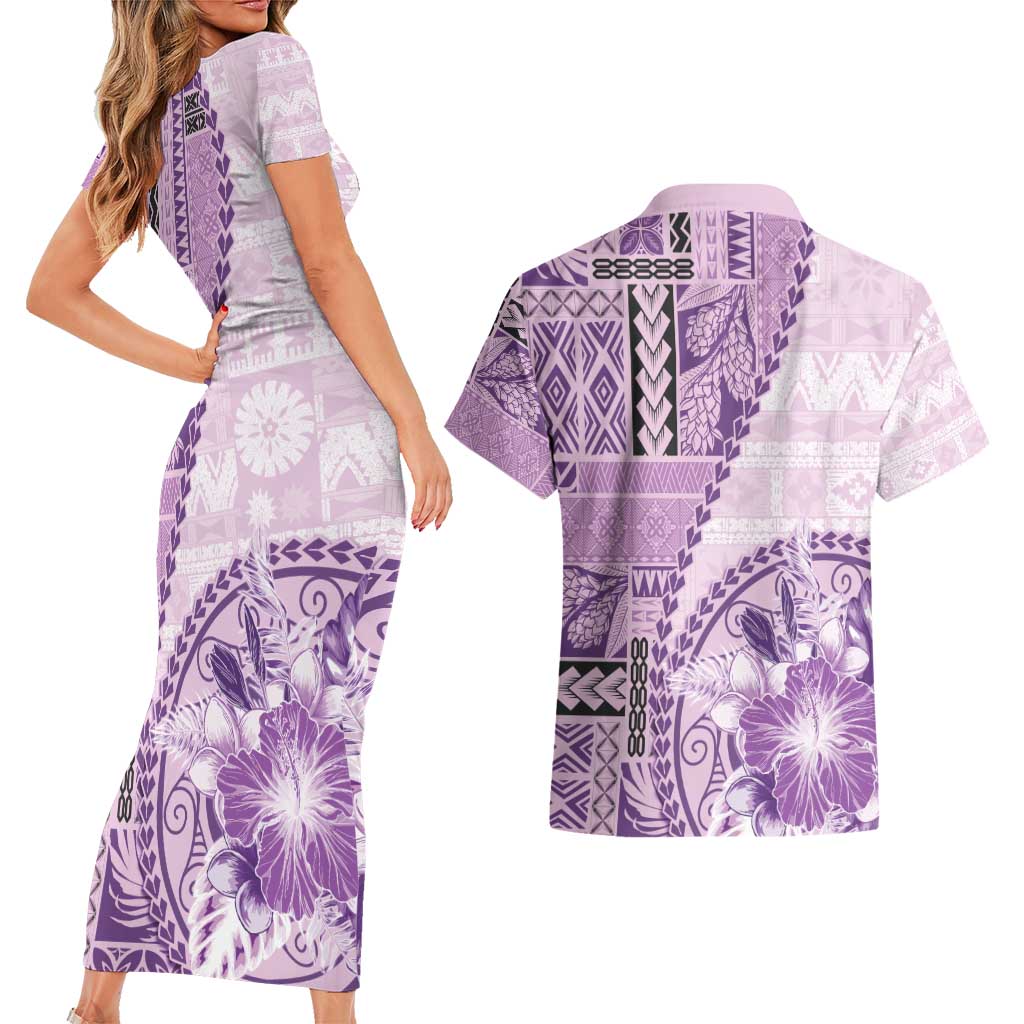 Samoa Siapo Elegant Couples Matching Short Sleeve Bodycon Dress and Hawaiian Shirt Hibiscus Violet Motifs - Polynesian Pride