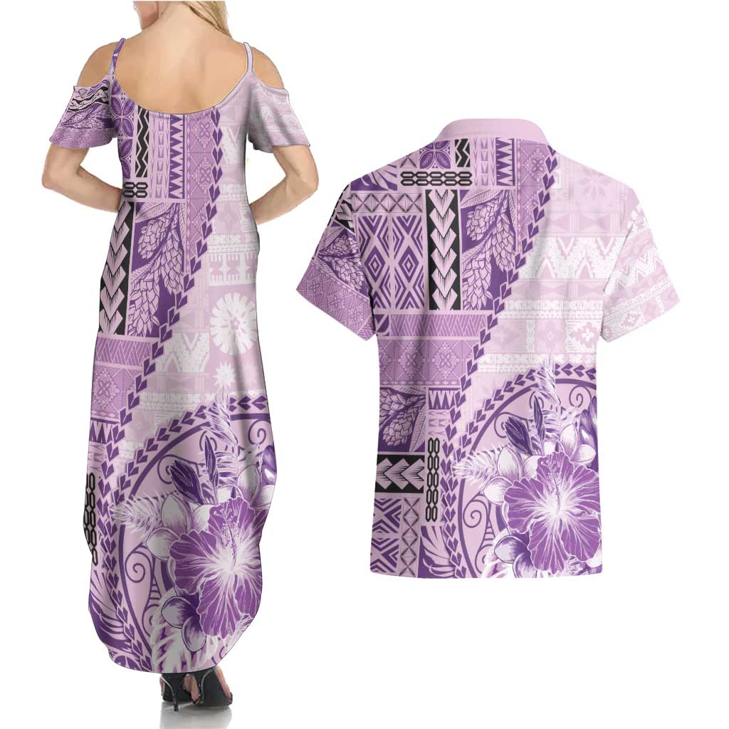 Samoa Siapo Elegant Couples Matching Summer Maxi Dress and Hawaiian Shirt Hibiscus Violet Motifs - Polynesian Pride