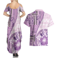 Samoa Siapo Elegant Couples Matching Summer Maxi Dress and Hawaiian Shirt Hibiscus Violet Motifs - Polynesian Pride