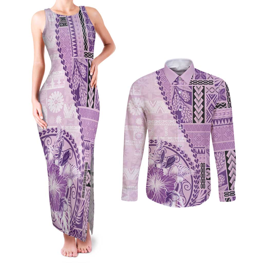 Samoa Siapo Elegant Couples Matching Tank Maxi Dress and Long Sleeve Button Shirt Hibiscus Violet Motifs - Polynesian Pride