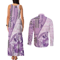 Samoa Siapo Elegant Couples Matching Tank Maxi Dress and Long Sleeve Button Shirt Hibiscus Violet Motifs - Polynesian Pride