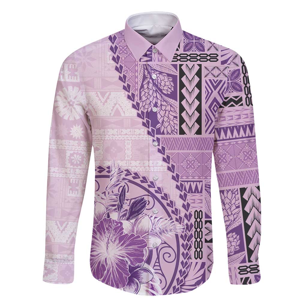 Samoa Siapo Elegant Family Matching Long Sleeve Bodycon Dress and Hawaiian Shirt Hibiscus Violet Motifs LT05 Dad's Shirt - Long Sleeve Violet - Polynesian Pride