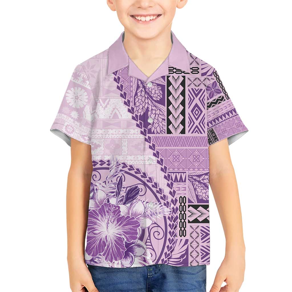 Samoa Siapo Elegant Family Matching Long Sleeve Bodycon Dress and Hawaiian Shirt Hibiscus Violet Motifs LT05 Son's Shirt Violet - Polynesian Pride
