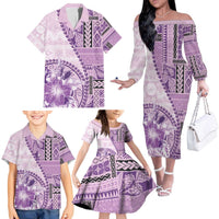 Samoa Siapo Elegant Family Matching Off The Shoulder Long Sleeve Dress and Hawaiian Shirt Hibiscus Violet Motifs LT05 - Polynesian Pride