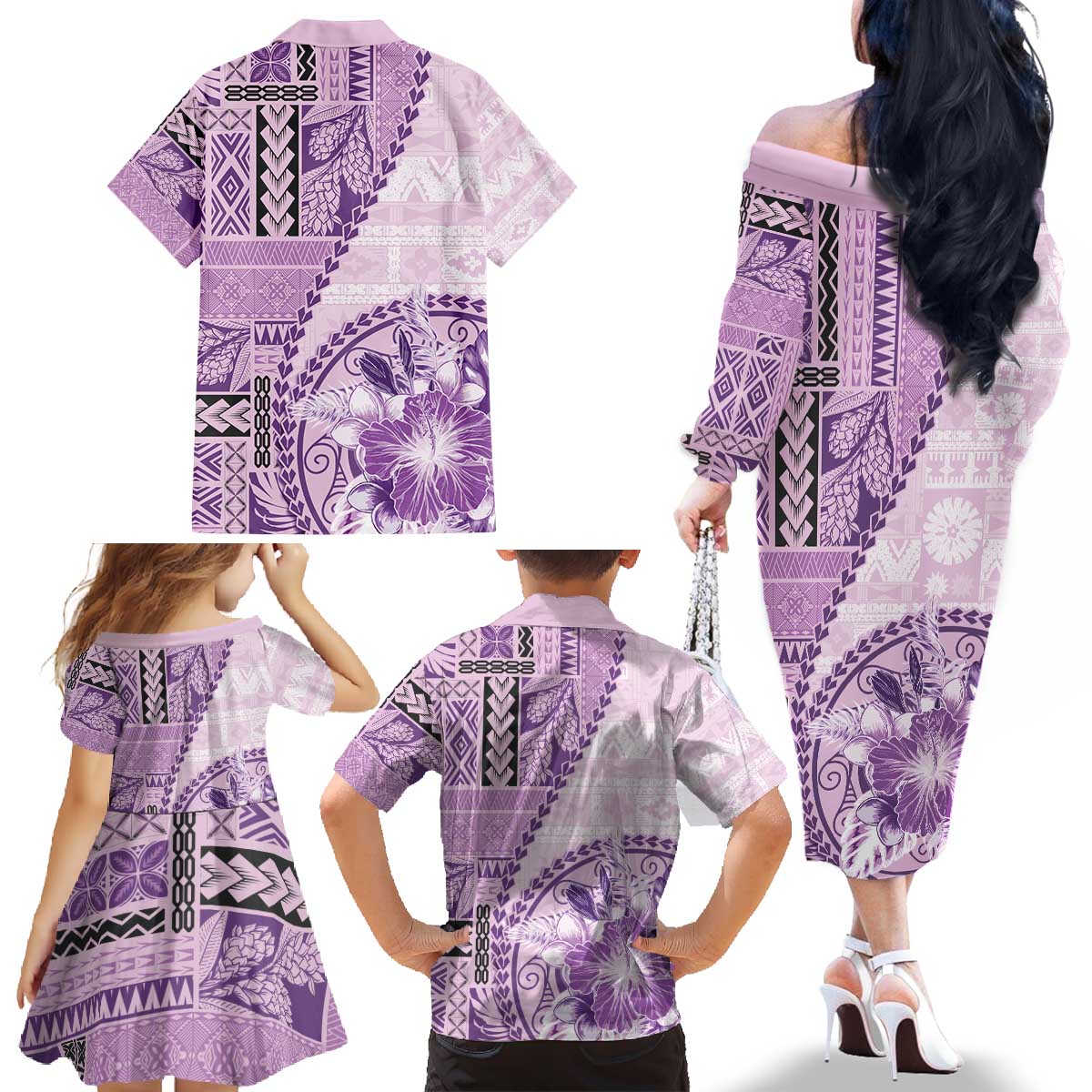 Samoa Siapo Elegant Family Matching Off The Shoulder Long Sleeve Dress and Hawaiian Shirt Hibiscus Violet Motifs LT05 - Polynesian Pride
