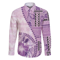 Samoa Siapo Elegant Family Matching Off The Shoulder Long Sleeve Dress and Hawaiian Shirt Hibiscus Violet Motifs LT05 Dad's Shirt - Long Sleeve Violet - Polynesian Pride