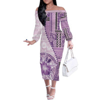 Samoa Siapo Elegant Family Matching Off The Shoulder Long Sleeve Dress and Hawaiian Shirt Hibiscus Violet Motifs LT05 Mom's Dress Violet - Polynesian Pride