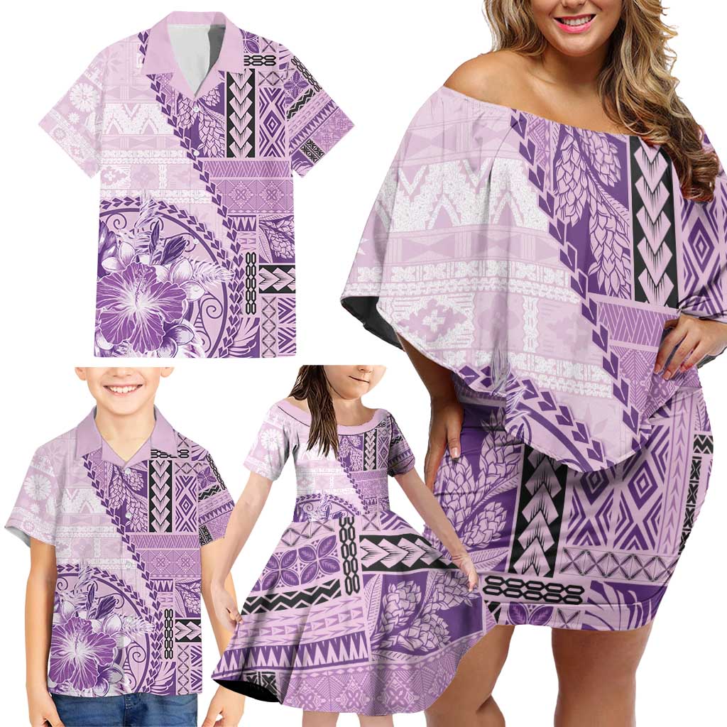 Samoa Siapo Elegant Family Matching Off Shoulder Short Dress and Hawaiian Shirt Hibiscus Violet Motifs - Polynesian Pride