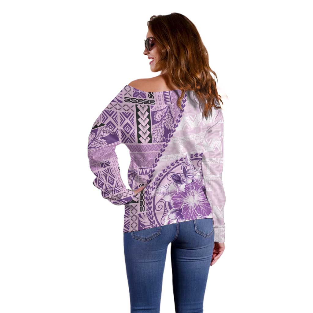 Samoa Siapo Elegant Off Shoulder Sweater Hibiscus Violet Motifs - Polynesian Pride