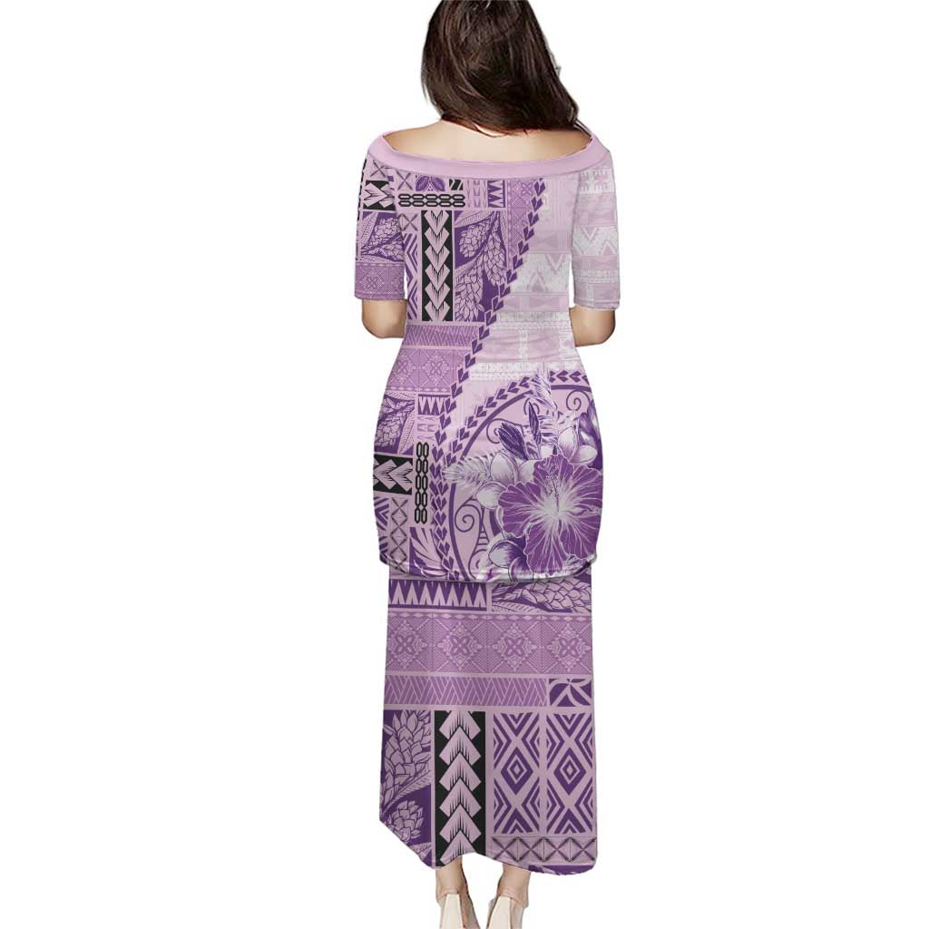 Samoa Siapo Elegant Puletasi Hibiscus Violet Motifs - Polynesian Pride