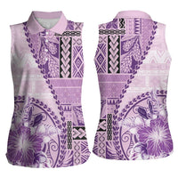 Samoa Siapo Elegant Women Sleeveless Polo Shirt Hibiscus Violet Motifs - Polynesian Pride