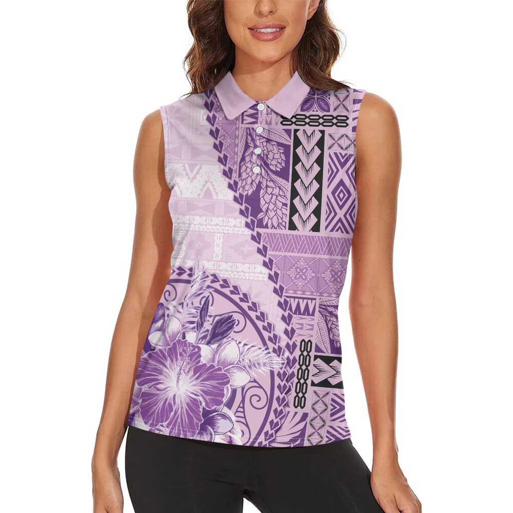 Samoa Siapo Elegant Women Sleeveless Polo Shirt Hibiscus Violet Motifs - Polynesian Pride