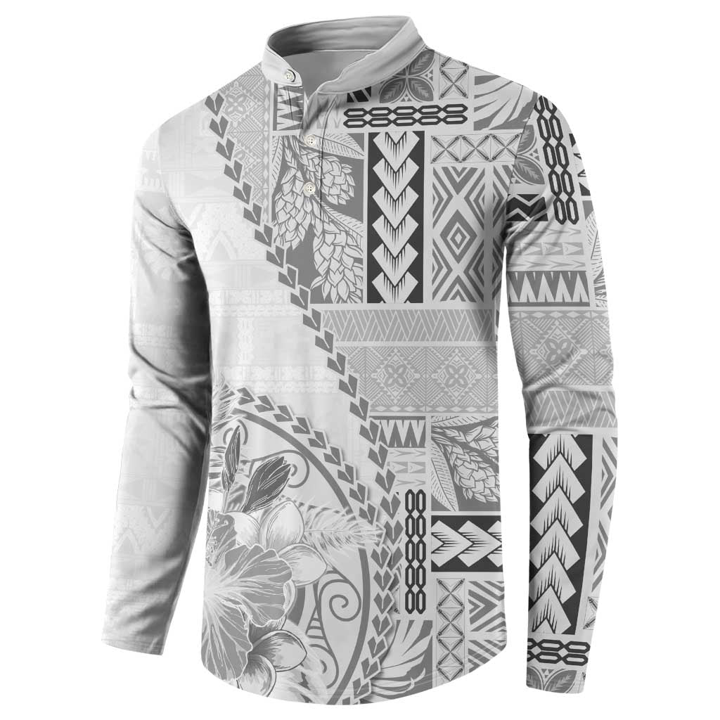 Samoa Siapo Elegant Button Sweatshirt Hibiscus White Motifs - Polynesian Pride