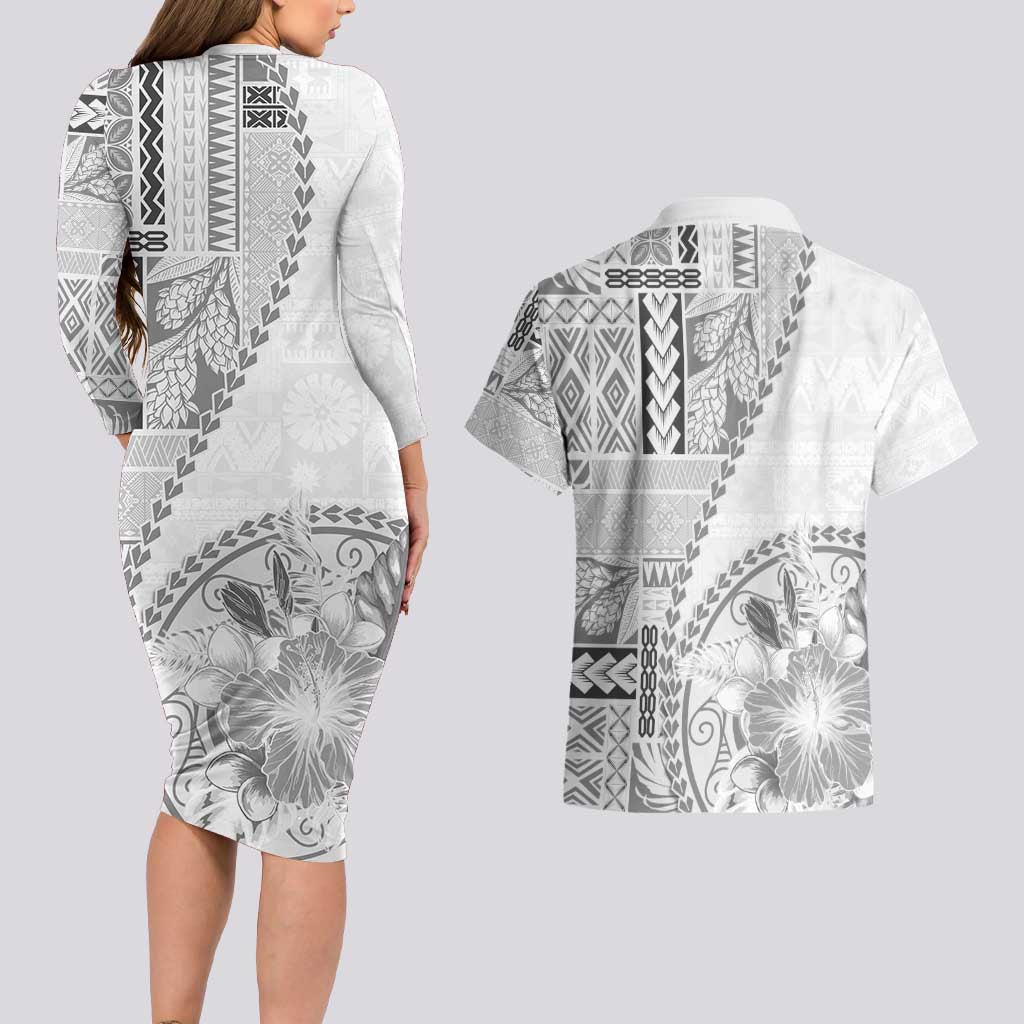 Samoa Siapo Elegant Couples Matching Long Sleeve Bodycon Dress and Hawaiian Shirt Hibiscus White Motifs - Polynesian Pride